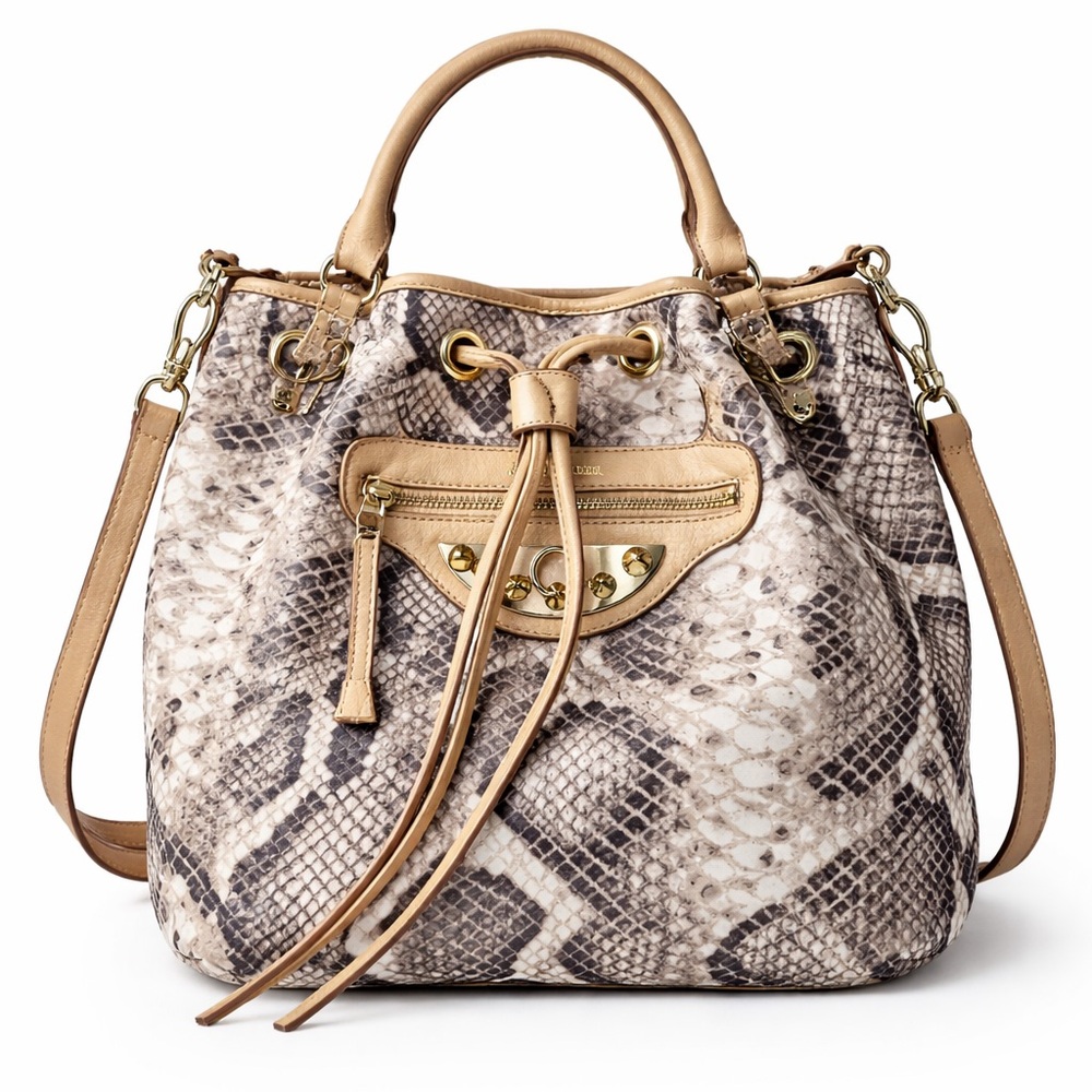 Sam Edelman Snake Print Bucket Bag – Tan Leather Trim – Crossbody & Top Handle